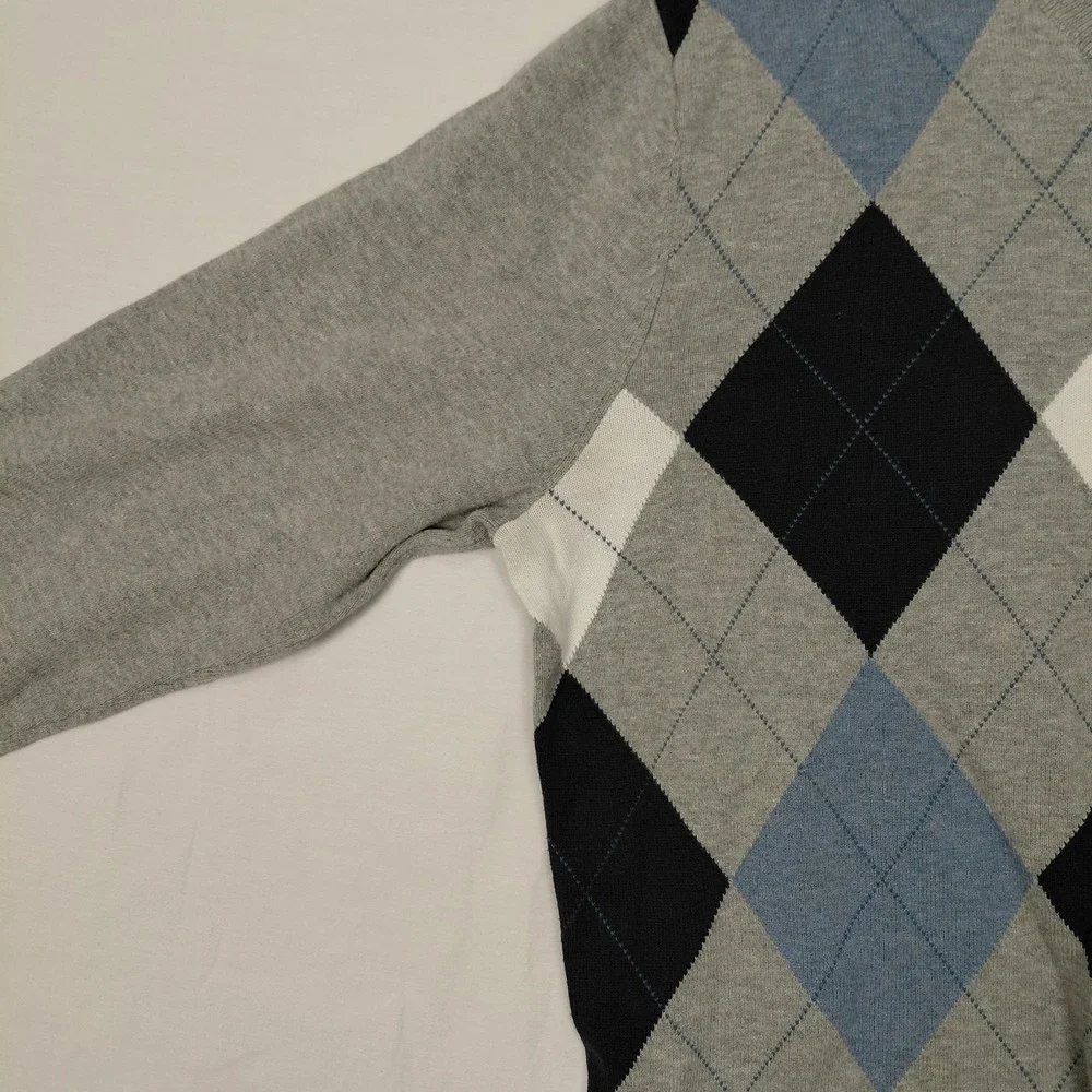 Tommy Hilfiger Size S Argyle V Neck Sweater Men Pullover Gray Blue Cotton Preppy